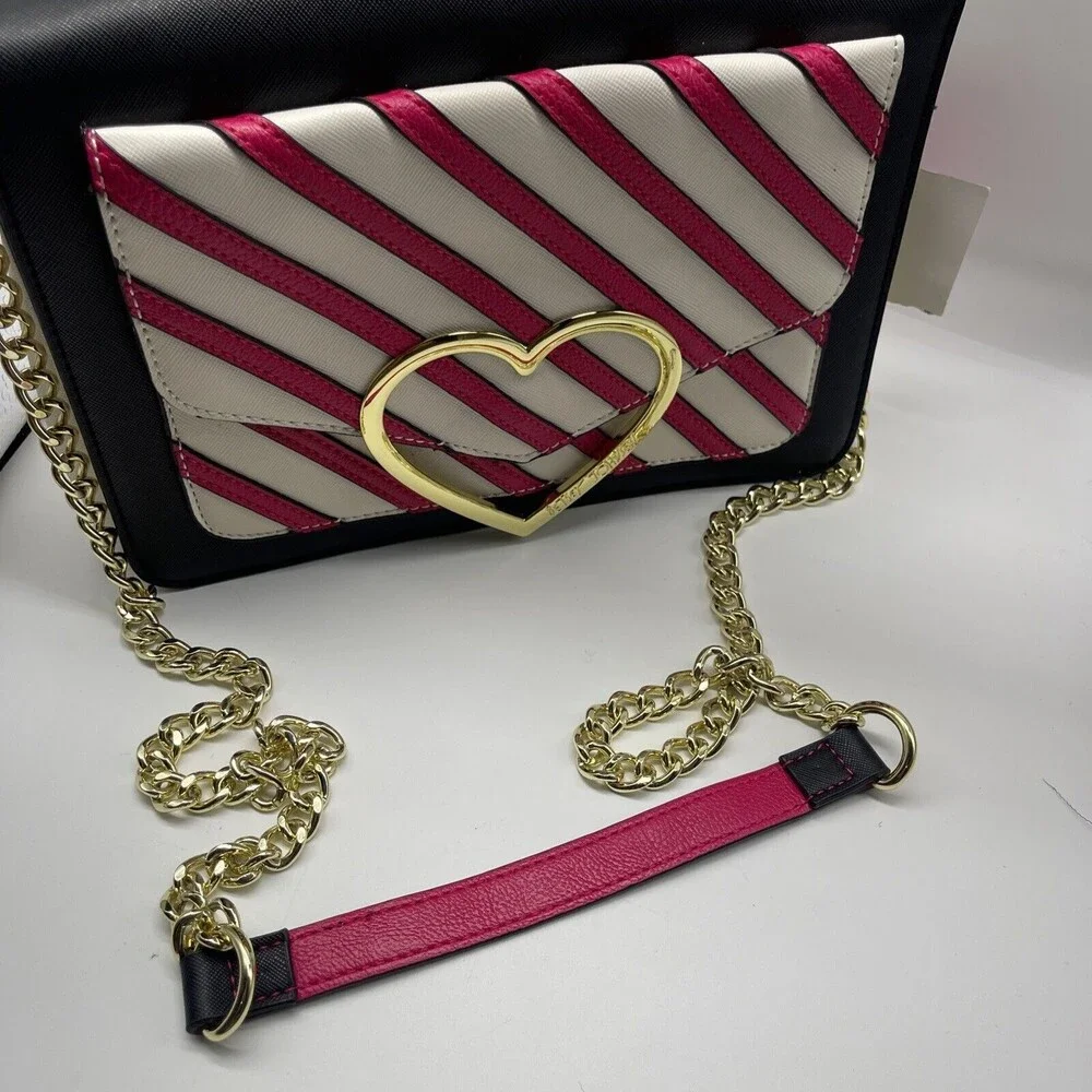 Betsey Johnson Pink Striped Heart Flap Crossbody Bag New